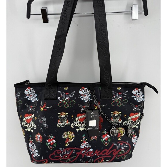 Ed Hardy Tattoo Print Multicolor Skull Tote Bag ~NWT